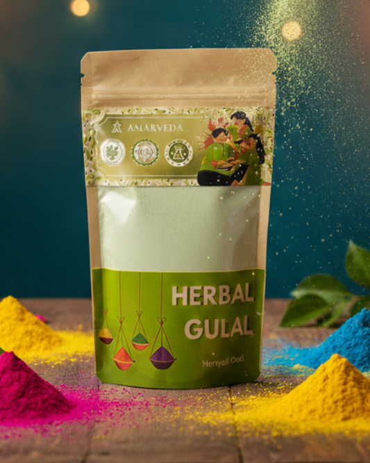 Amarveera Herbal Gulal packaging with colorful gulal powder on a wooden surface.