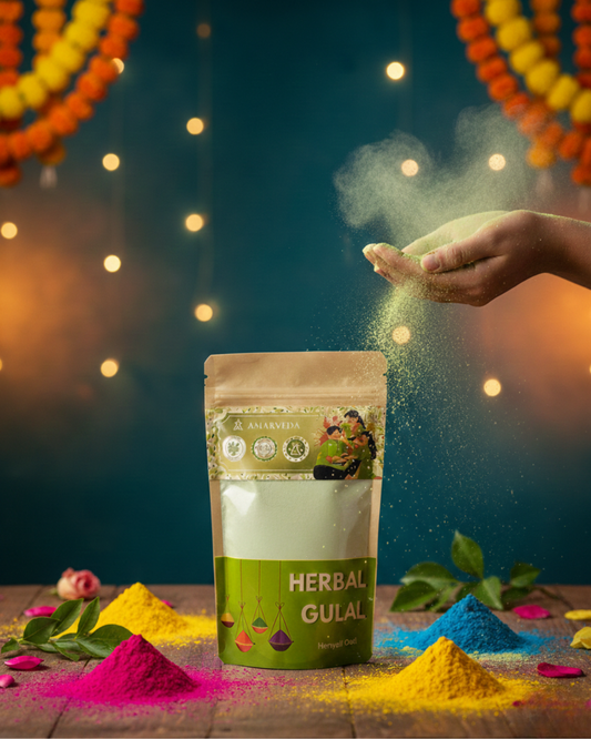 Herbal gulal packaging with colorful gulal powder on a wooden surface with decorative lights in the background.