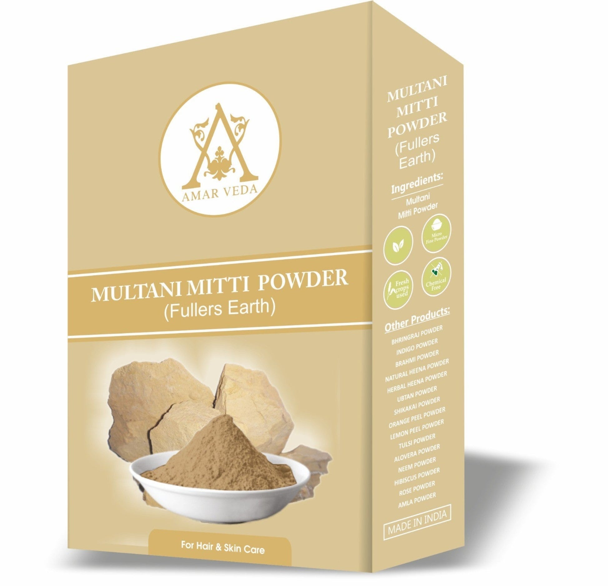 Natural Multani Mitti face and hair pack by Amarveda – brightens skin and reduces oil